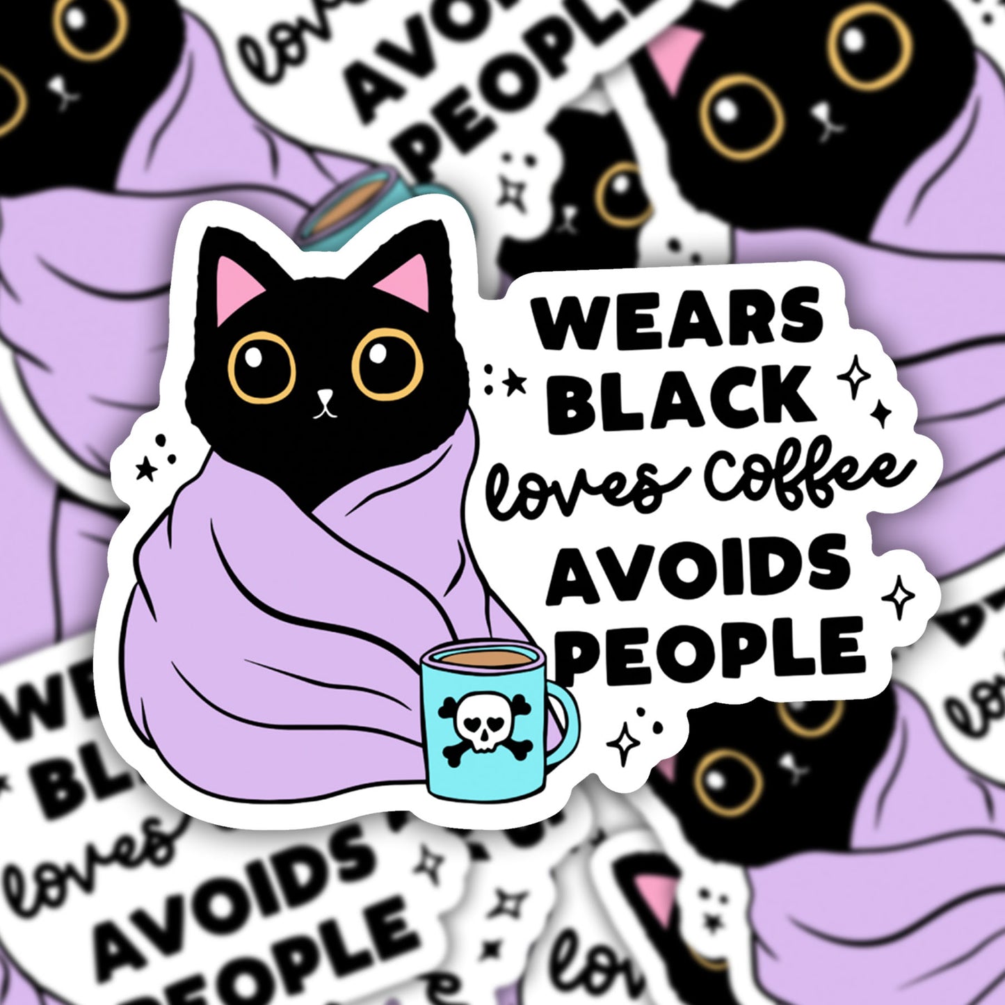 Wears Black Drinks Coffee Cat Vinyl Sticker